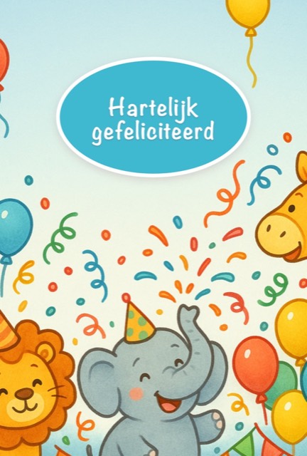 Vrolijke kinderverjaardagskaart met feestende dieren