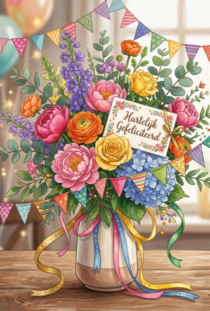 Hartelijk gefeliciteerd, kaart met boeket en vlaggetjes