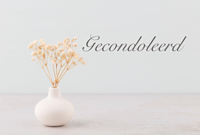Gecondoleerd, kaart met droogbloemen in wit vaasje