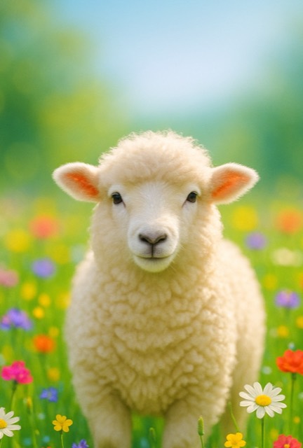 Blanco fotokaart met lammetje in bloemenwei