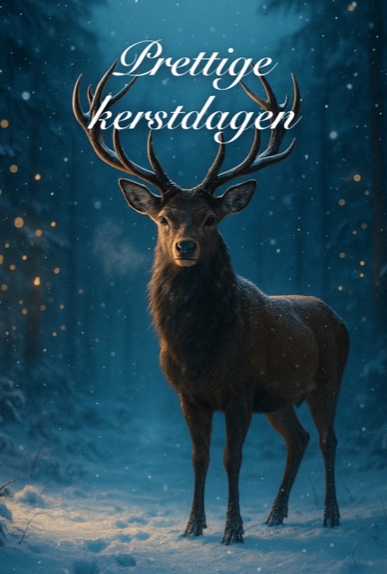 Prettige kerstdagen, kaart met hert in winterbos